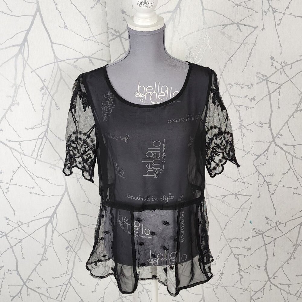 Frenchi Black Sheer Floral Lace Mesh Round Neck Top